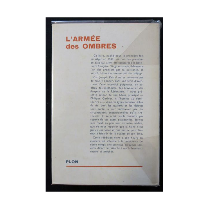 L'armée des ombres de Joseph Kessel aux éditions Plon année 1963