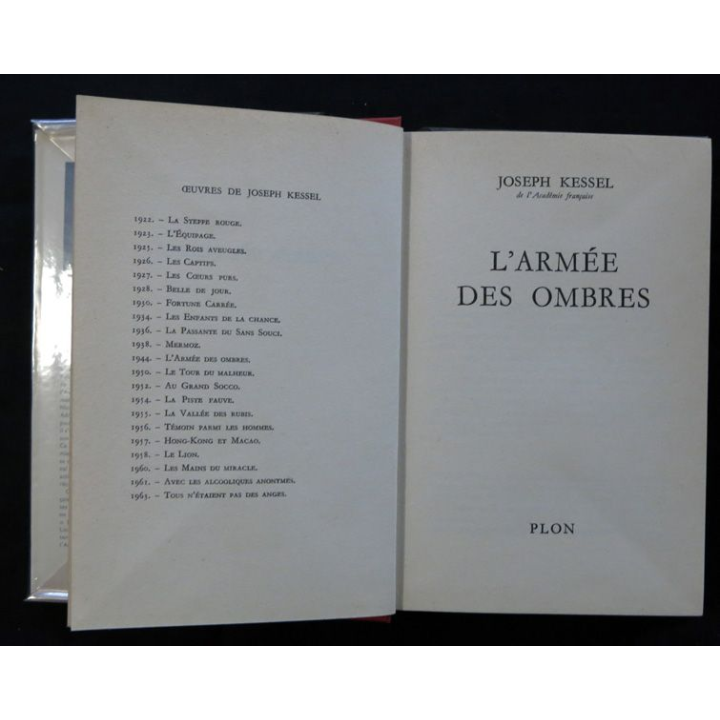 L'armée des ombres de Joseph Kessel aux éditions Plon année 1963