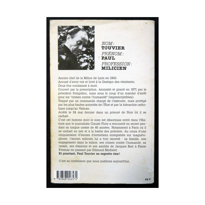 Touvier m'a avoué de Claude Flory aux éditions Michel Lafon