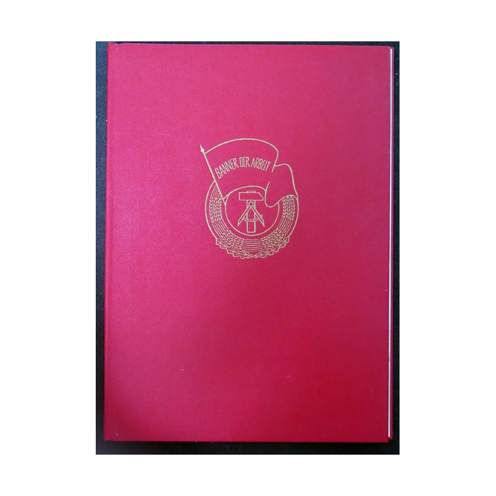 RDA : pochette cartonnée avec diplôme attribué de la médaille Banner der Arbei tniveau  III