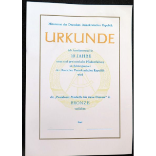 RDA : diplôme vierge de la médaille bronze Pestalozzi pour bons et Loyaux services de dimension 21 x 15 cm