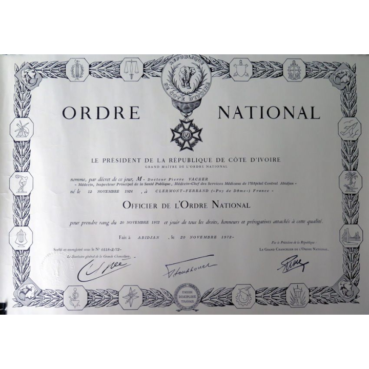 COTE D'IVOIRE : médaille d'Officier de l'Ordre national ivoirien avec son diplôme attribué