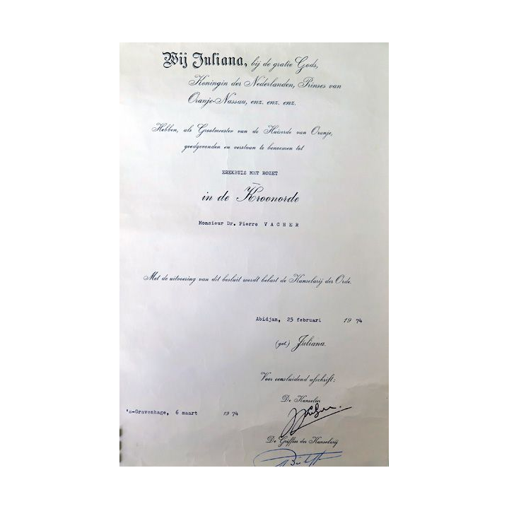 PAYS BAS : médaille et diplôme attribué de la Croix d'honneur de l'ordre de la Couronne de la Maison d'Orange avec Rosette
