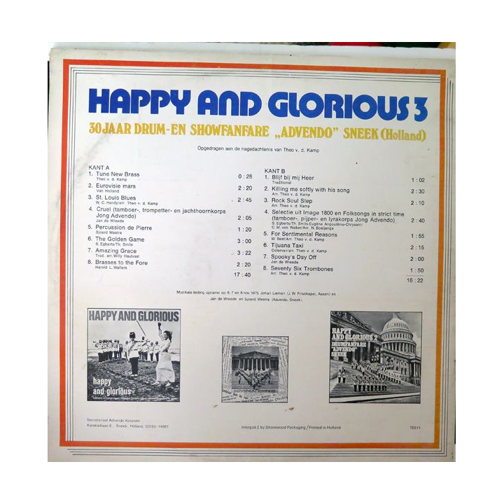 DISQUE 33 TOURS : Happy and Glorious 3 30 jaar drum Musique d'Avendo (Hollande)