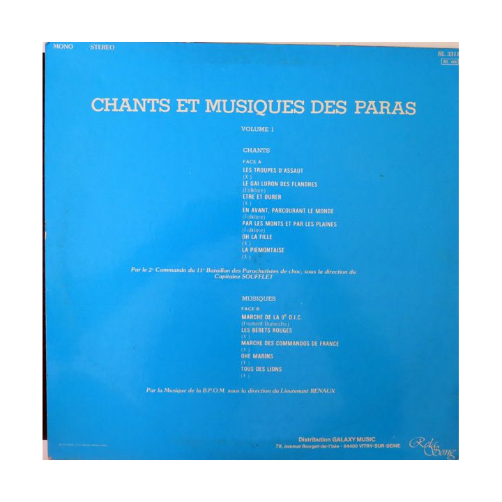 DISQUE 33 TOURS : Chants et Musiques des Paras volume 1
