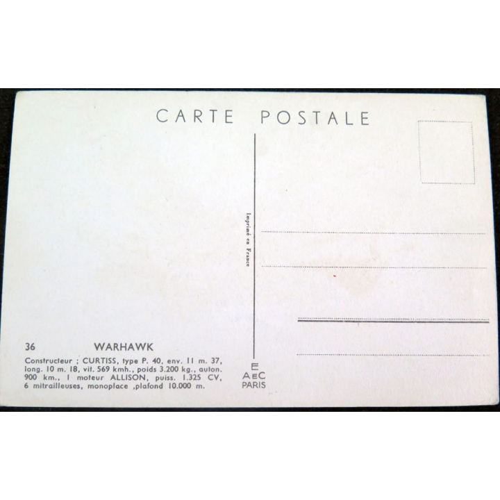 Carte postale dessin de WARHAWK avions de Guerre 39-45 EAEC PARIS