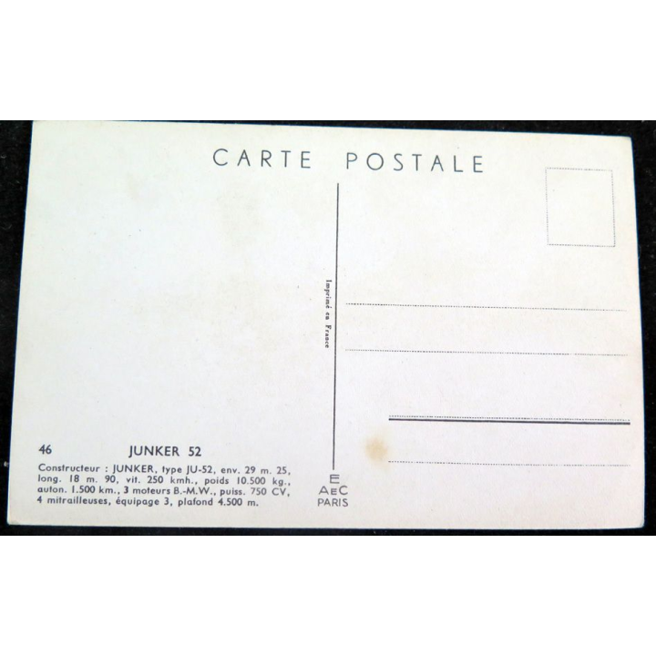 Carte postale dessin de JUNKER 52 avions de Guerre 39-45 EAEC PARIS