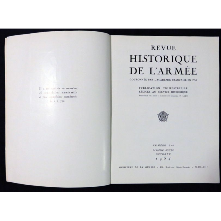 Revue historique des armées N° 3 & 4 - 10° année octobre 1954