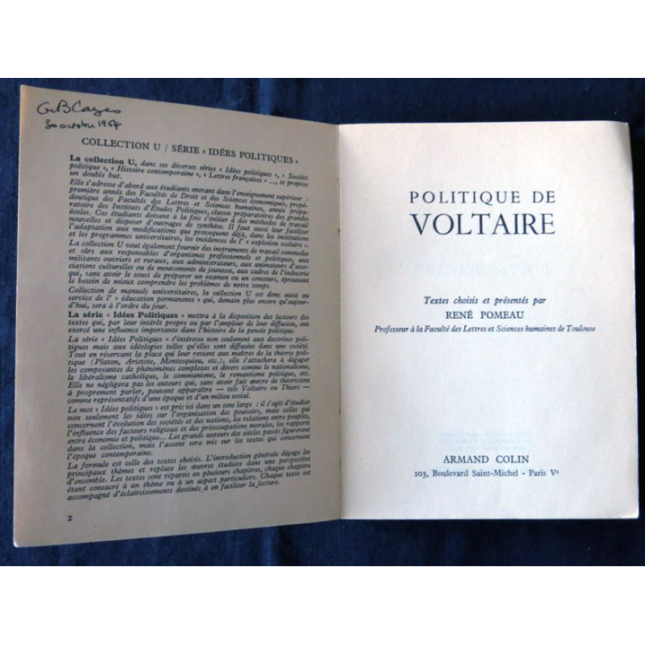 Politique de Voltaire de René Pomeau aux Editions Armand Colin