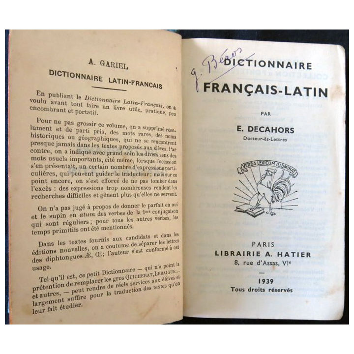 Dictionnaire Français-Latin de E. Decahors aux Editions Hatier 1939