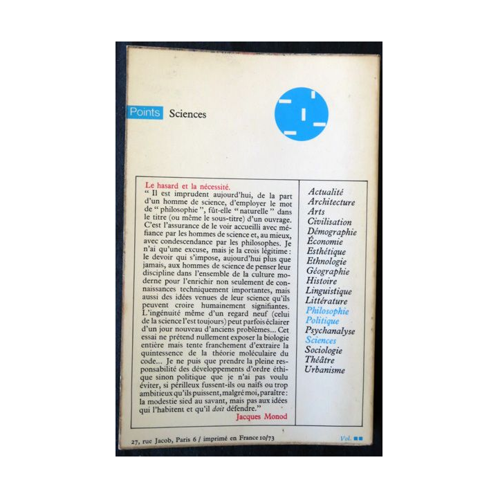 Le hasard et la nécessité de Jacques Monod aux Editions  du Seuil