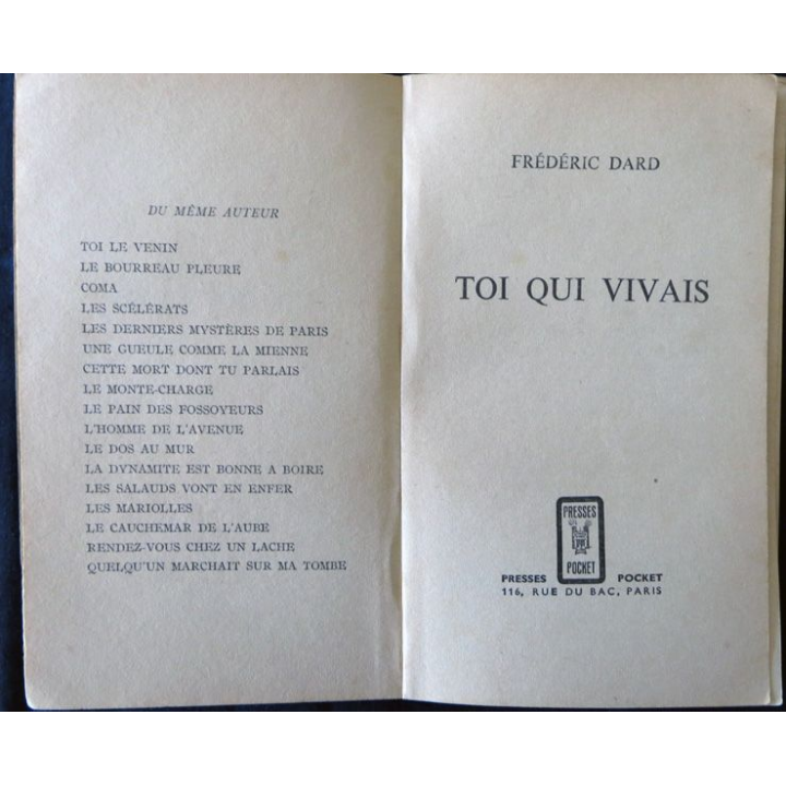 Toi qui vivais de Frédéric Dard aux Editions Presses Pocket