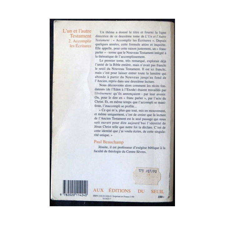 L'un et l'autre testament Vol 2 Accomplir les écritures de Paul Beauchamp aux Editions du Seuil