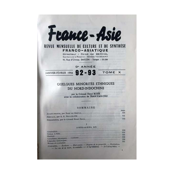 1. France - Asie Revue mensuelle de culture et de synthèse franco-asiatique 9è année 92-93