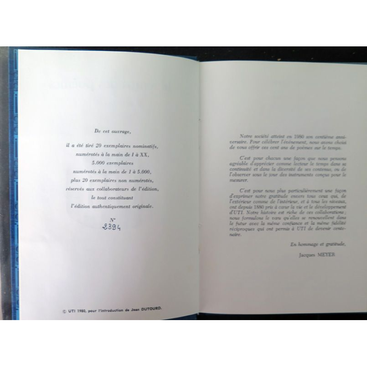 Le Temps de Poèmes UTI 1880 - 1980 numéroté n° 2394 et nominatif