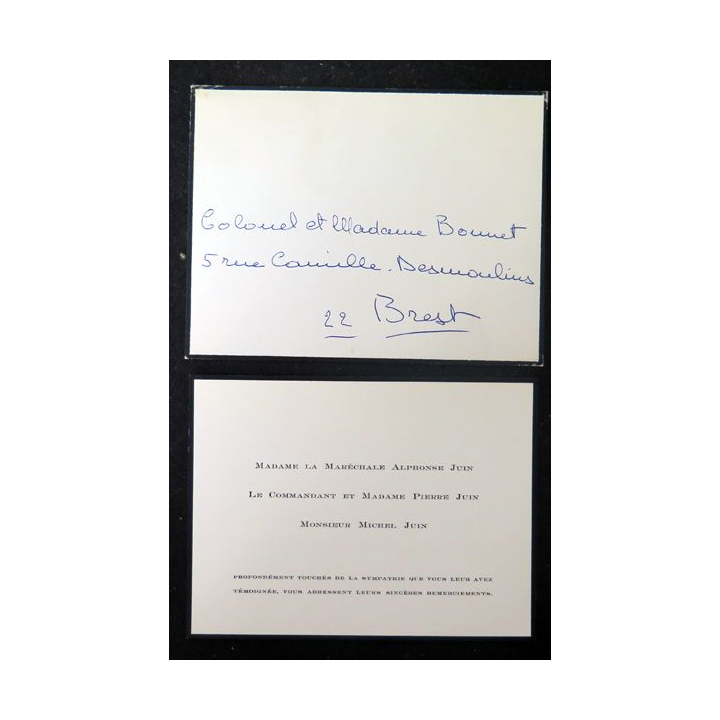 Carte de remerciements de la Maréchale Juin suite aux obsèques du Maréchal