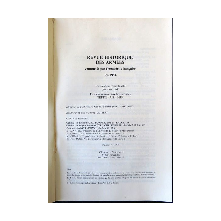 Revue Historique de l'Armée 1979  N° 4 - rédacteur Colonel Guibert aux éditions SHA