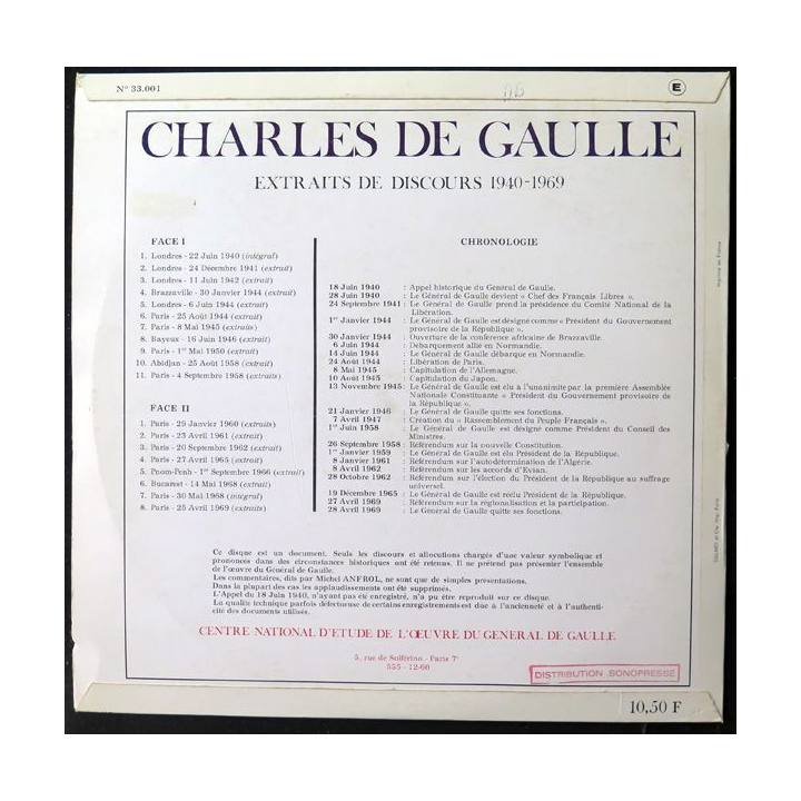 DISQUE 33 TOURS : Discours historiques de Charles De Gaulle 1940 1969