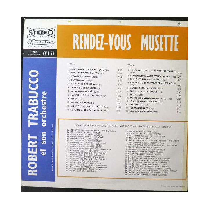 DISQUE 33 TOURS : Rendez-vous musette Robert Trabucco et son orchestre