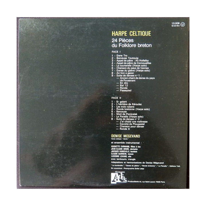 DISQUE 33 TOURS : Harpe celtique Denise Megevand et ensemble instrumental