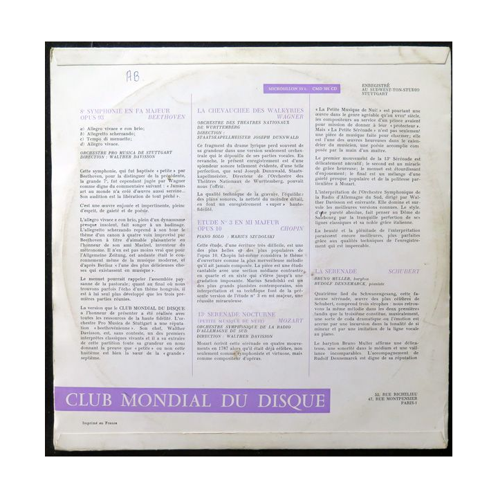 DISQUE 33 TOURS : Club Mondial du disque  Beethoven, Wagner, Chopin, Schubert, Mozart