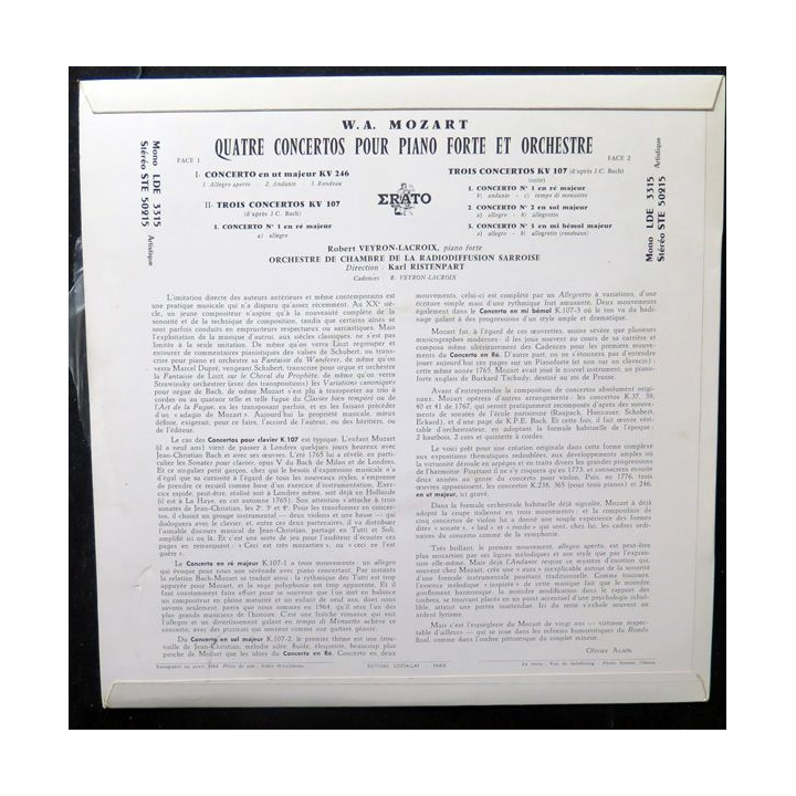 DISQUE 33 TOURS : W. A Mozart 4 concertos pour piano Forte & orchestre