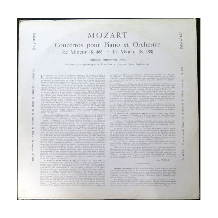 DISQUE 33 TOURS : Mozart 2 concertos de piano K 488 et K 466