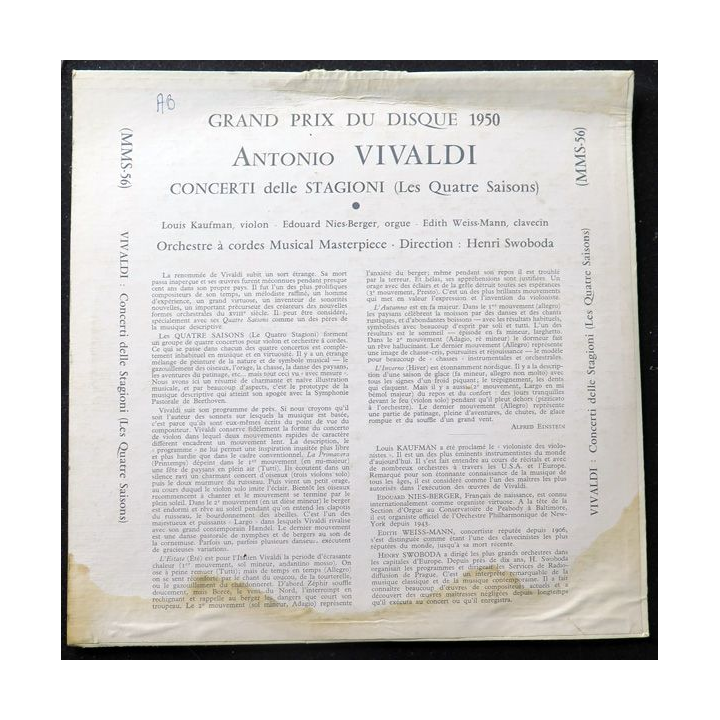 DISQUE 33 TOURS : Vivaldi les quatre saisons Kaufman Violon, Swoboda Direction 