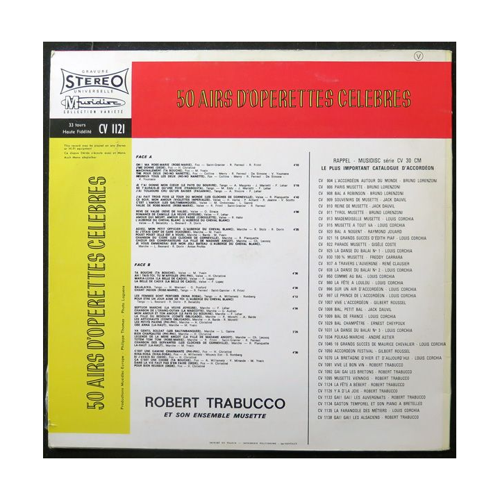 DISQUE 33 TOURS : 50 Airs d'opérettes célèbres Robert Trabucco et son ensemble musette