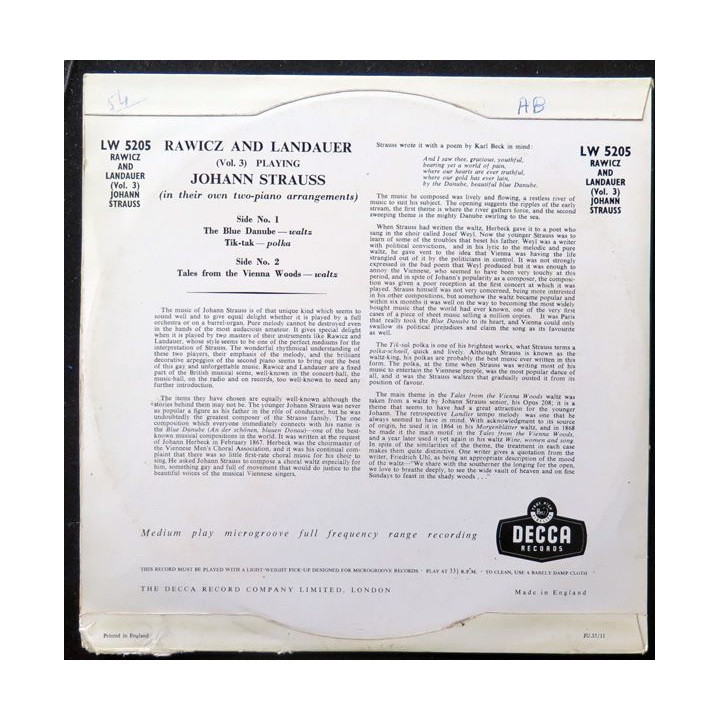 DISQUE 33 TOURS : Rawicz and Landauer playing Johann Strauss