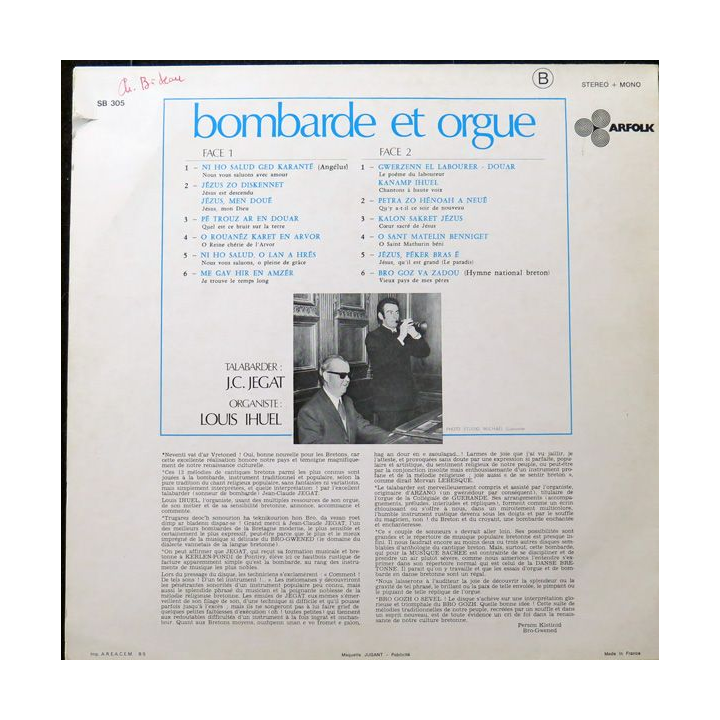 DISQUE 33 TOURS : Bombarde et Orgue en Bretagne Musique sacrée par Jegat et Ihuel