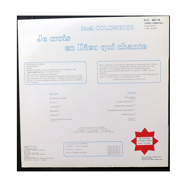 DISQUE 33 TOURS : Je crois en Dieu qui chante Noël Colombier