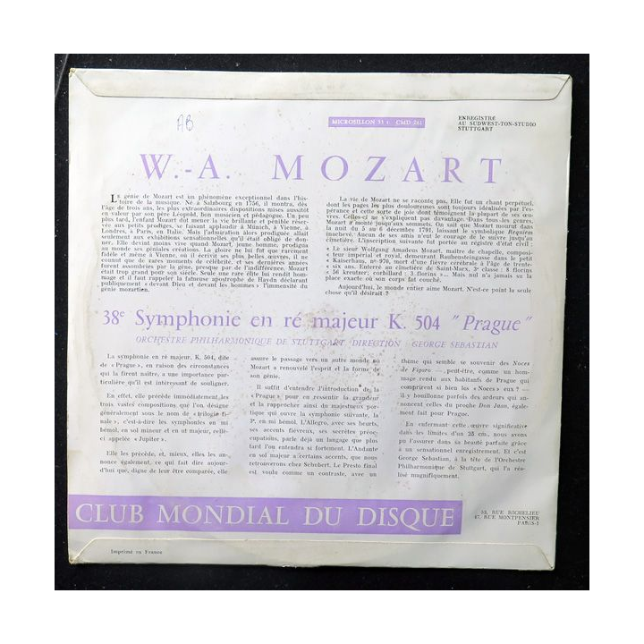 DISQUE 33 TOURS : Mozart 38° Symphonie en ré majeur K 504 Prague