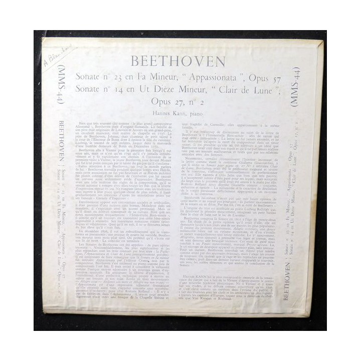 DISQUE 33 TOURS : Beethoven Sonate n° 23 en fa mineur et n° 14 en ut dièse mineur