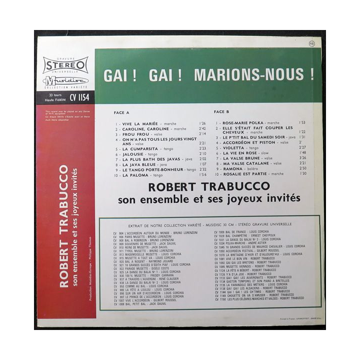 DISQUE 33 TOURS : Gai ! Gai ! Marions nous !