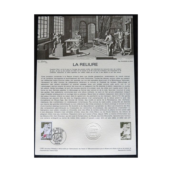 Document philatéliques : Collection historique du timbre poste français "La reliure"