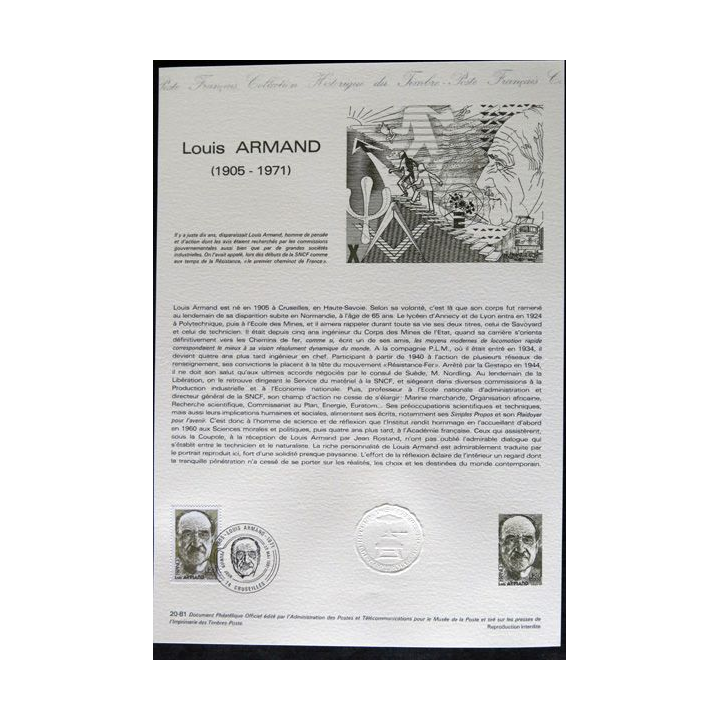 Document philatéliques : Collection historique du timbre poste français "Louis Armand  1905 - 1971"