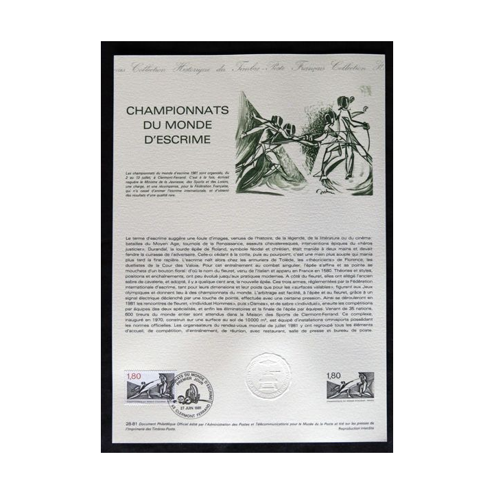 Documents philatéliques : Collection historique du timbre poste français "Championat du mode d'escrime"