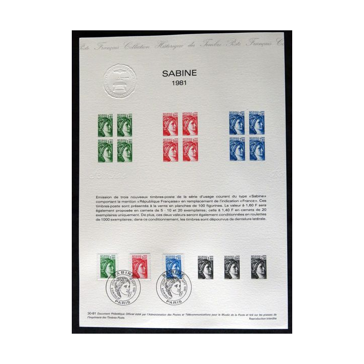 Documents philatéliques : Collection historique du timbre poste français "Sabine 1981"