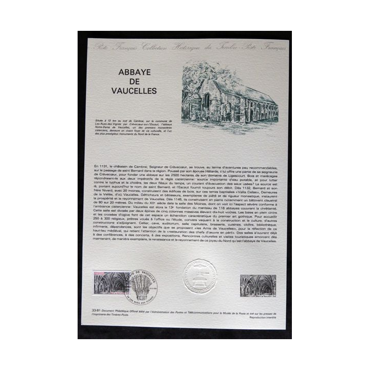 Documents philatéliques : Collection historique du timbre poste français "Abbaye de Vaucelles"