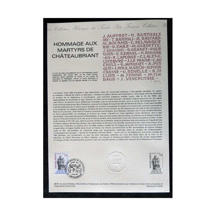 Documents philatéliques : Collection historique du timbre poste français "Hommage aux martyrs de Châteaubriant"