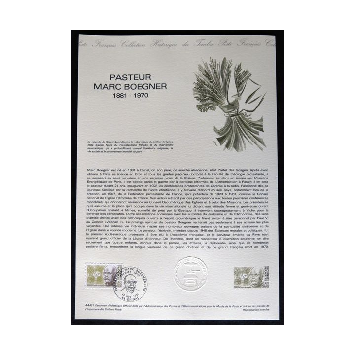 Documents philatéliques : Collection historique du timbre poste français "Pasteur Marc Boegner 1881 - 1970 "