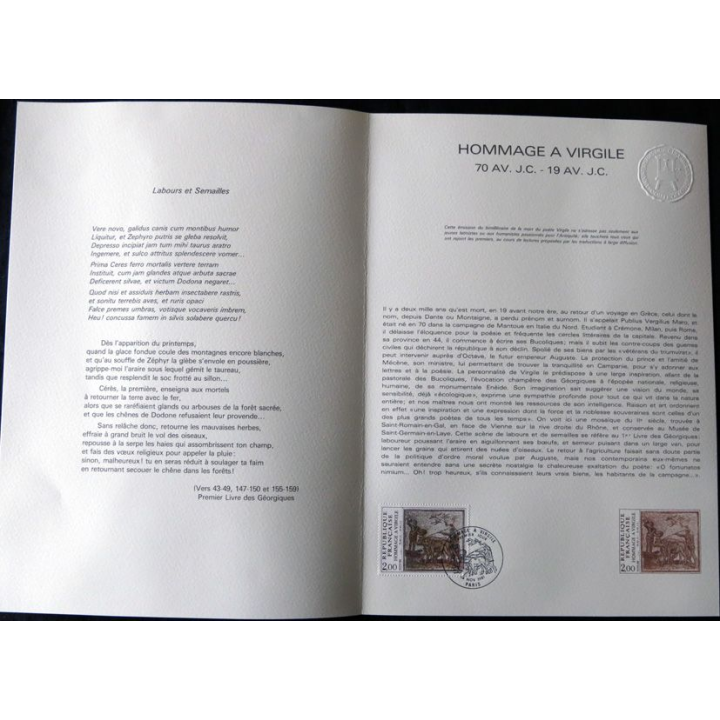 Document philatéliques : Collection historique du timbre poste français "Hommage à Virgile 70 av. JC - 19 av. JC "