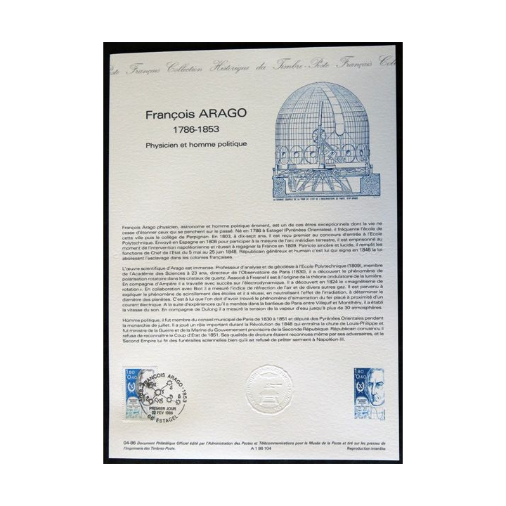 Documents philatéliques : Collection historique du timbre poste français "François Arago 1786 - 1853 "