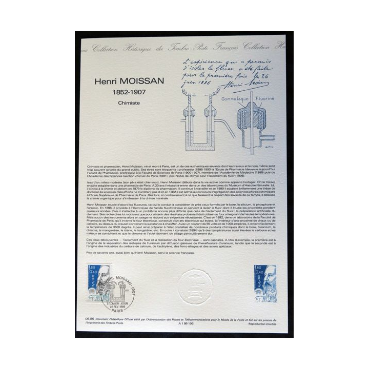Documents philatéliques : Collection historique du timbre poste français "Henri Moissan 1852 - 1907"