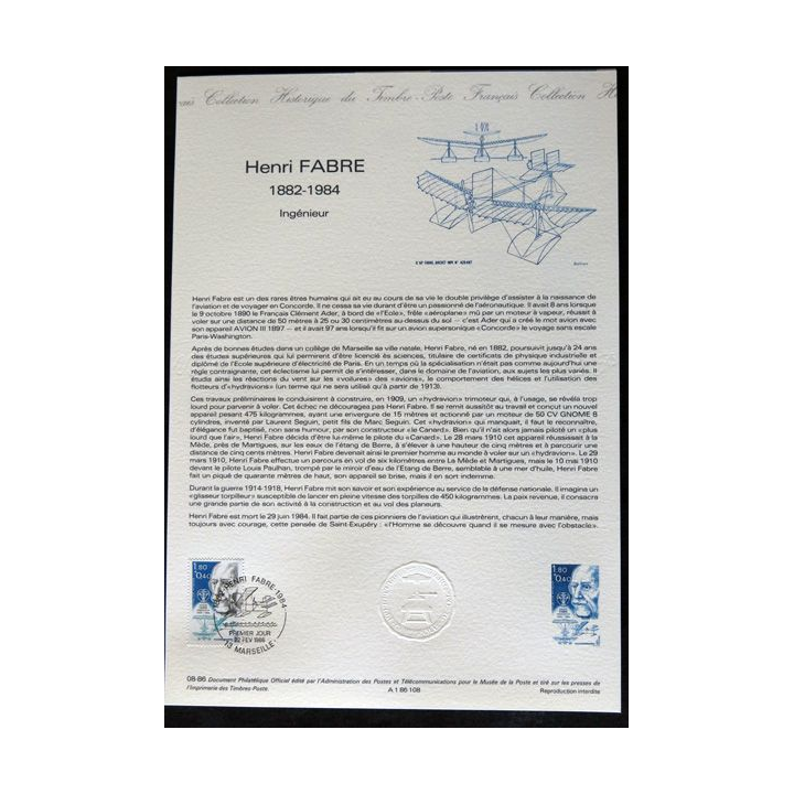 Documents philatéliques : Collection historique du timbre poste français "Henri Fabre 1882 - 1984"