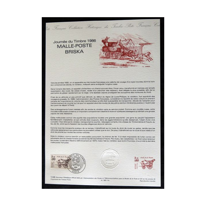 Document philatéliques : Collection historique du timbre poste français "Journée du timbre 1986 Malle-Poste Briska" 2 feuillets