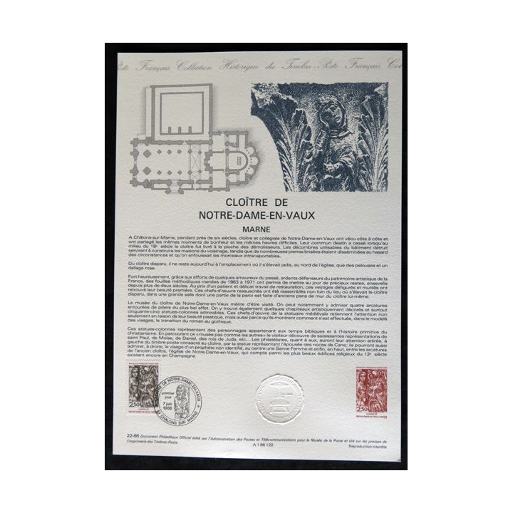 Documents philatéliques : Collection historique du timbre poste français "Cloître de Notre-Dame-En-Vaux - Marne"