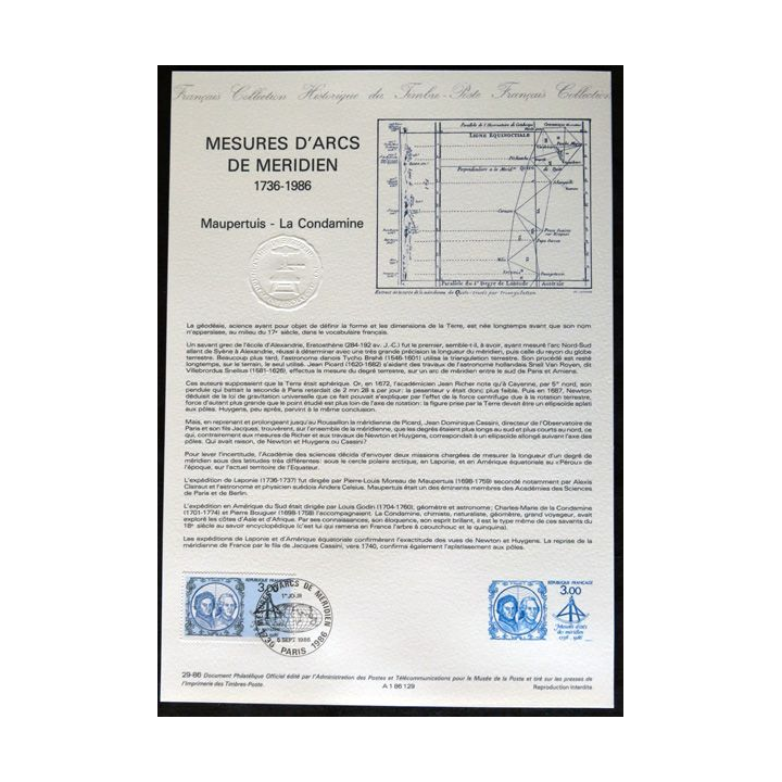 Documents philatéliques : Collection historique du timbre poste français "Mesures d'arcs de méridiens 1736 - 1986"