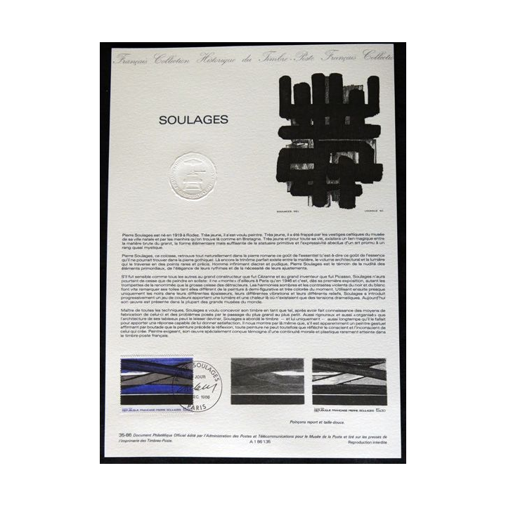 Documents philatéliques : Collection historique du timbre poste français "Soulages"